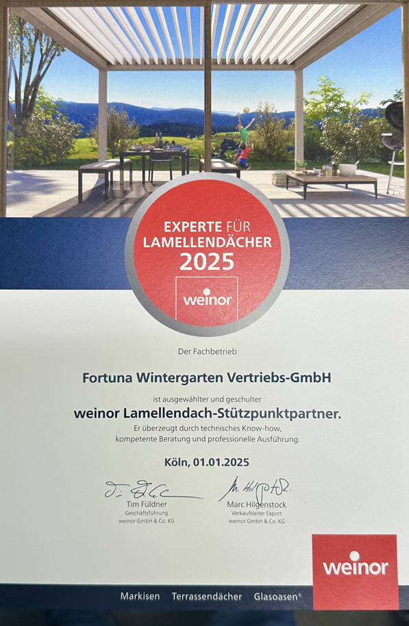 Weinor Lamellendach Zertifikat für Fortuna Wintergarten